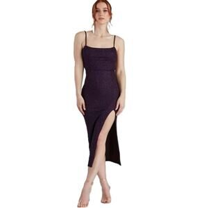Midi Slip Dress Shimmering Glitter Tie-Back Purple Cocktail Party Side Slit S